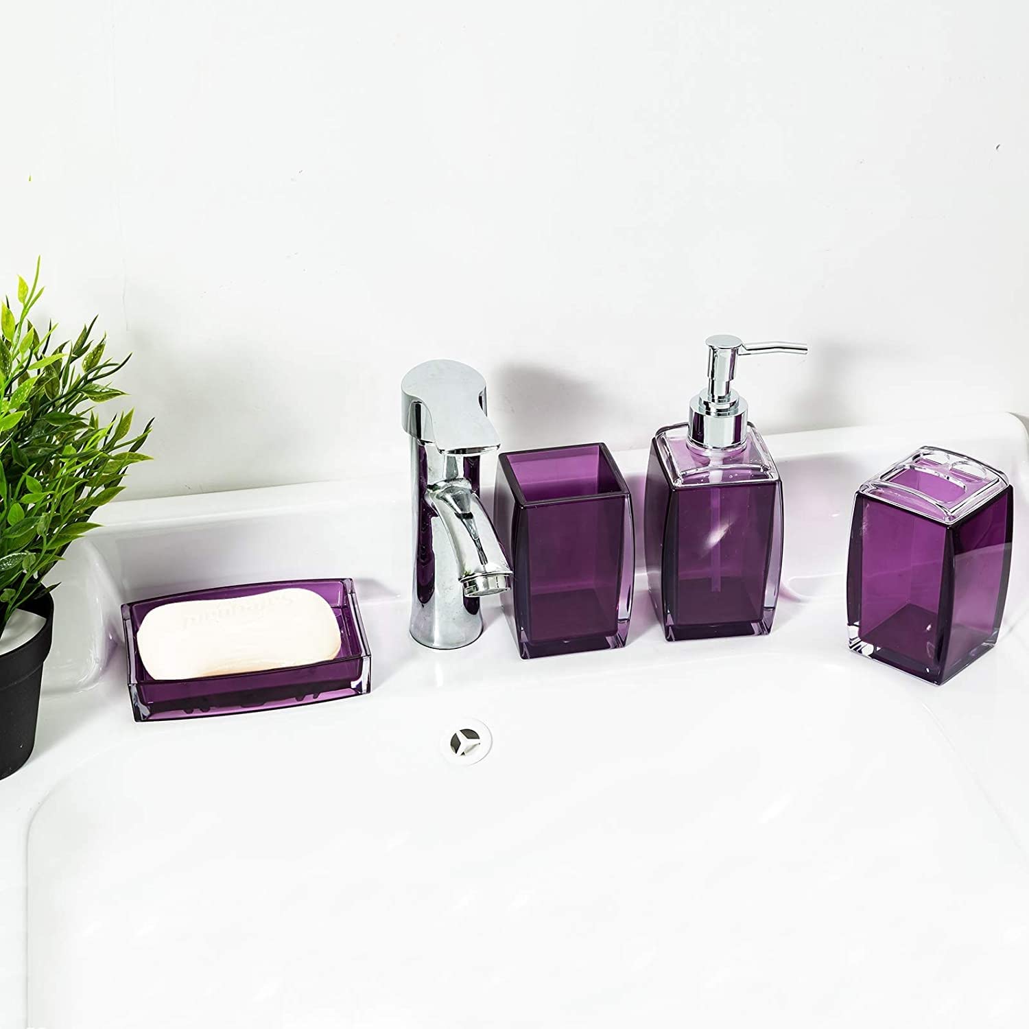 Tuanyo 5 Pcs Purple Acrylic Bathroom Accessories Set Complete,Lotion/Soap Dispenser,Soap Dish,Toothbrush Holder, Tumbler,Toilet