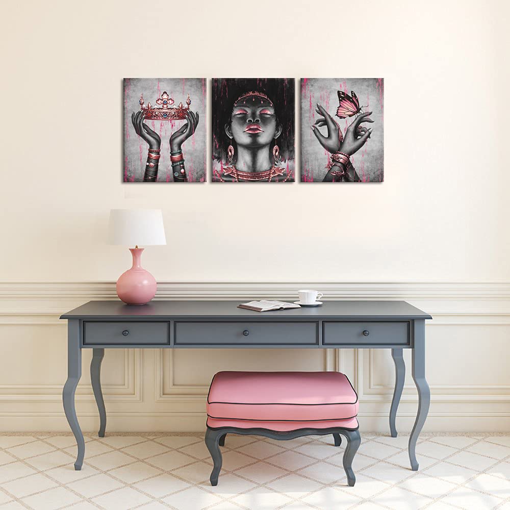 Visual Art Decor African American Canvas Wall Art Black Woman Portrait Fashion Gold Rose Pink Necklace Bracelet Queen Crown Butt