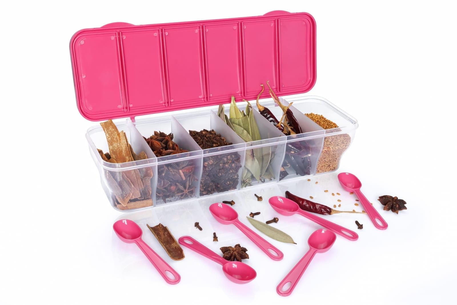 Spice Storage Container with 6 Compartments and Measuring Spoons, Transparent Masala Box with Lid, Kitchen Organizer for Cinnamo