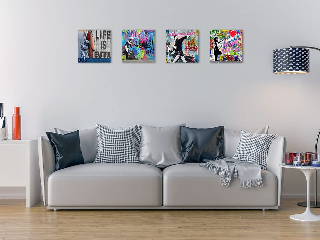 Biufo Banksy Canvas Wall Art Prints Pop Street Art Picture Paintings For Living Room Bedroom Wall Decor (16''X16''X4Pcs)