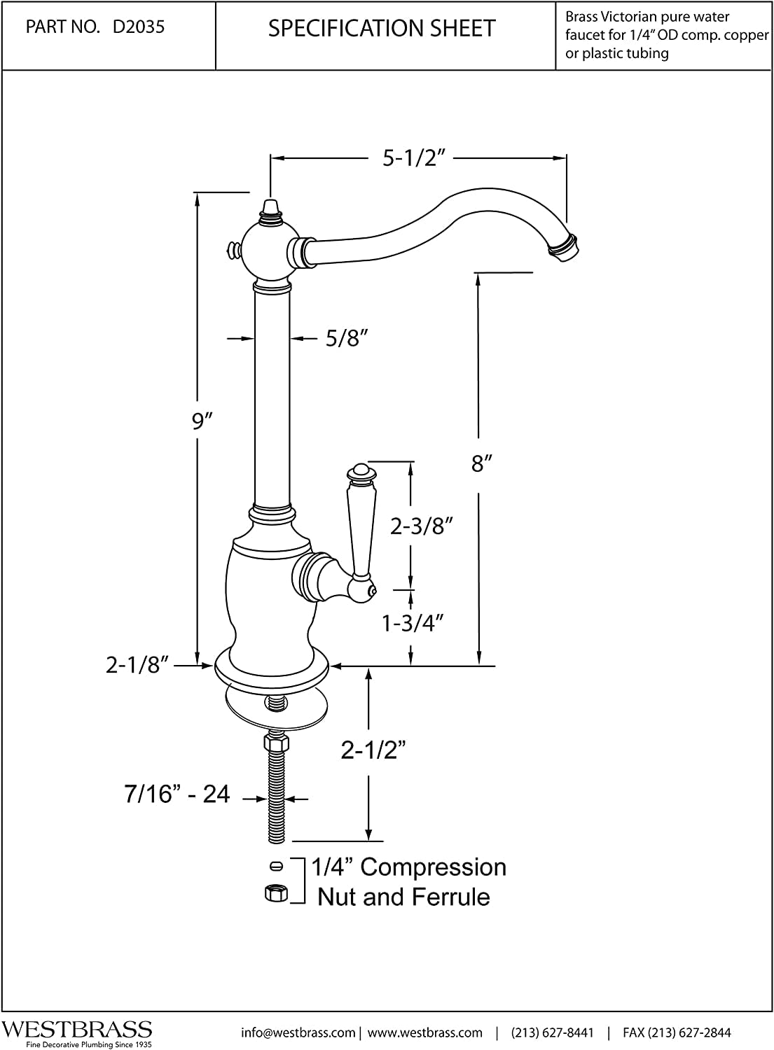Westbrass D2035-Nl-05 9'' Victorian 1-Lever Handle Cold Water Dispenser Faucet, Polished Nickel