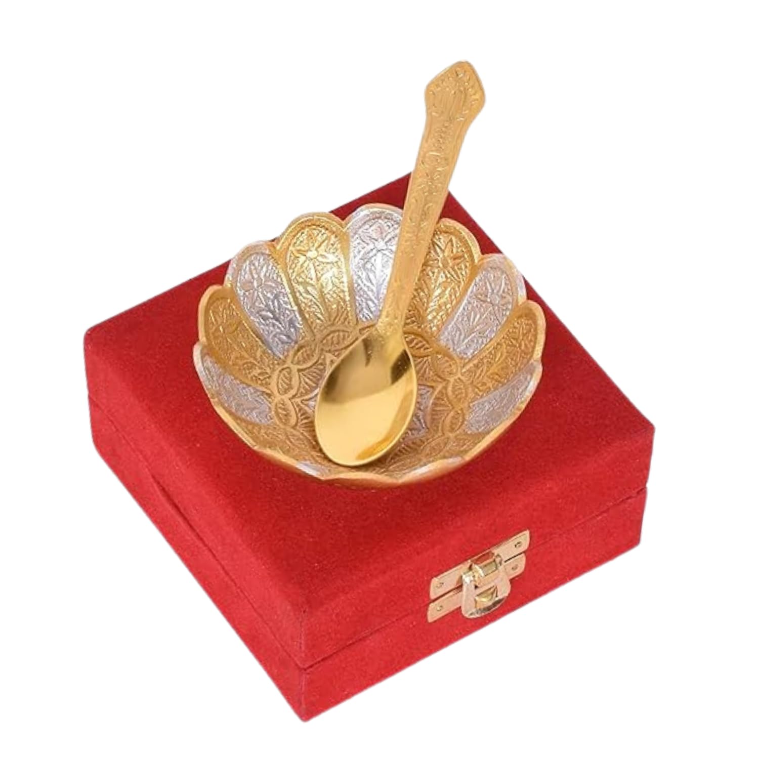 AC ANAND CRAFTS Gold and Silver Plated Brass Lotus Flower Shaped Bowl 4 Diameter with Spoon for Rakhi Gift