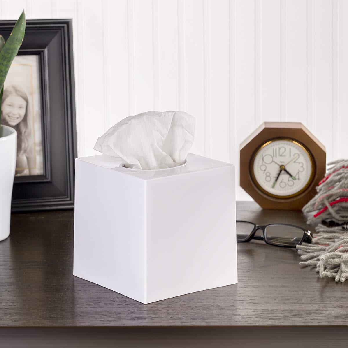 White Tissue Box Cover Square - Plastic Facial Tissue Box Holder - Decorative Cube Tissue Holder Dispenser Fits Any Vanity Count