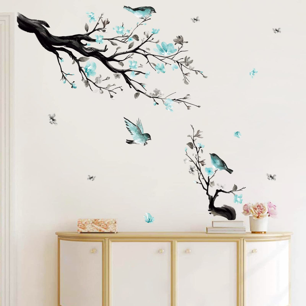 decalmile Watercolor Blue Flower Wall Decals Blossom Bird Tree Branch ...