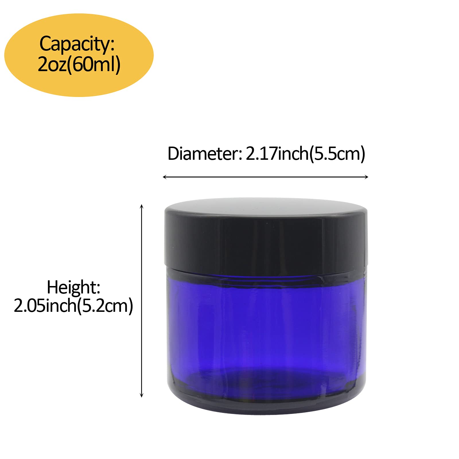 Bpfy 24 Pack 2 Oz Round Blue Glass Cosmetic Jars With Inner Liners And Black Lids, Travel Jars, Refillable Containers For Makeup