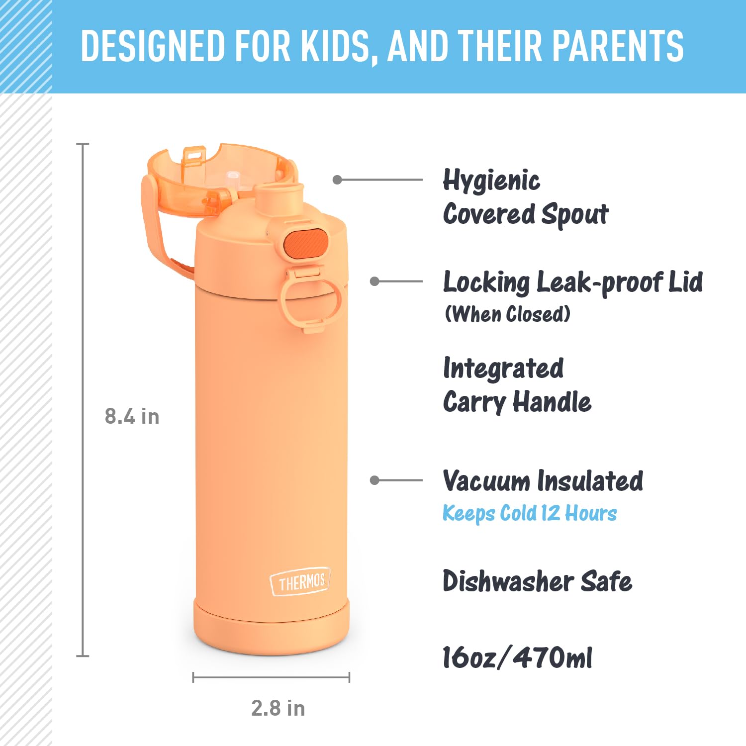 Thermos Funtainer 16 Ounce Stainless Steel Vacuum Insulated Bottle With Wide Spout Lid, Orange