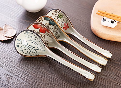 Pretty Hand-Printed Ceramic Spoons With Comfortable Size For Eating Soups,Set Of 4 Long Handle Hook Spoon Soup Spoon Hand-Crafte