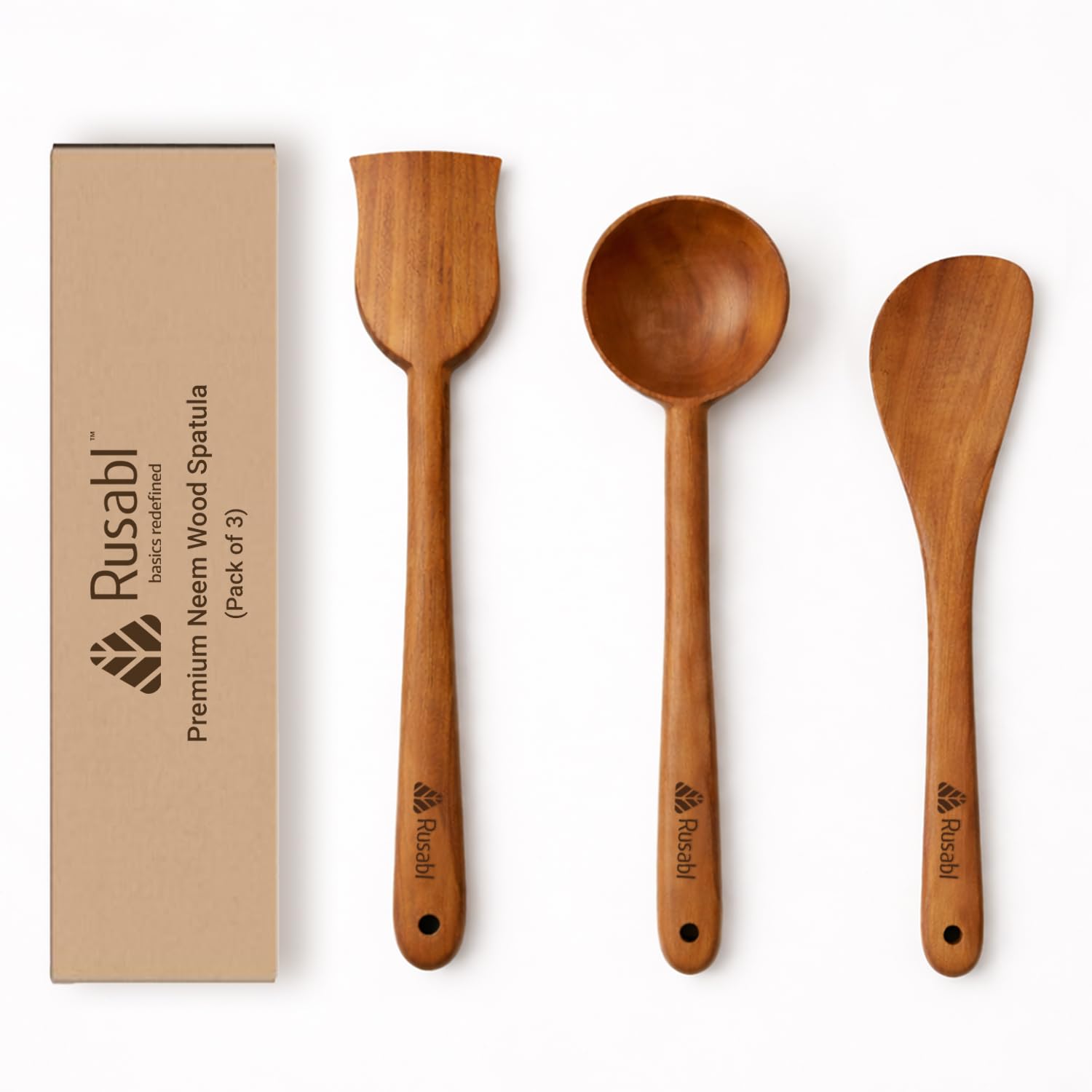 Rusabl Pack Of 3 Neem Wood Spatula For Roti, Ladle For Soup, Curry, Turner Palta For Dosa, FoodSafe, Handmade, No Harmful Polis