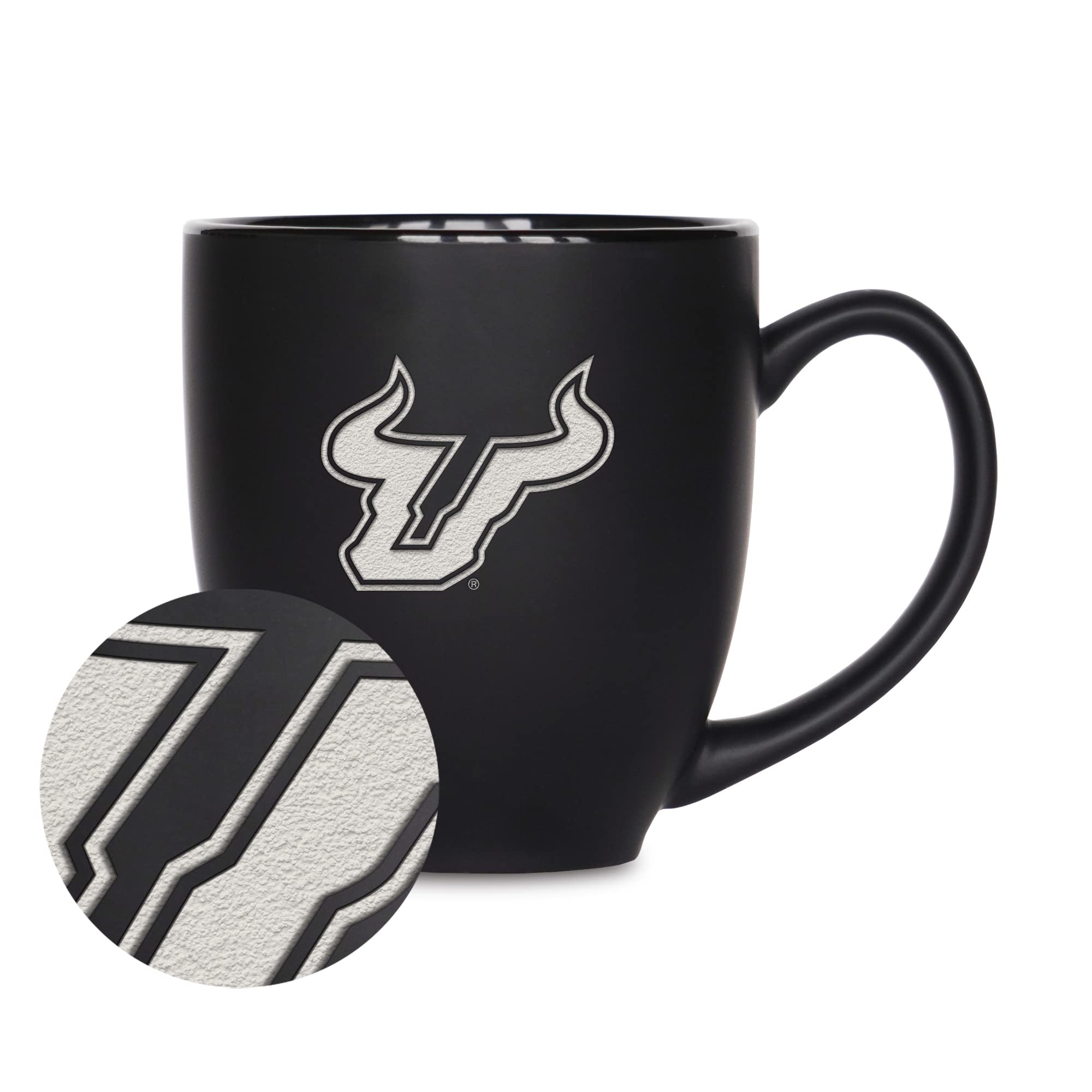 Rico Industries NCAA South Florida Bulls - USF Main 15oz Laser Engraved Matte Black Ceramic Bistro Mug - For Hot or Cold Drinks