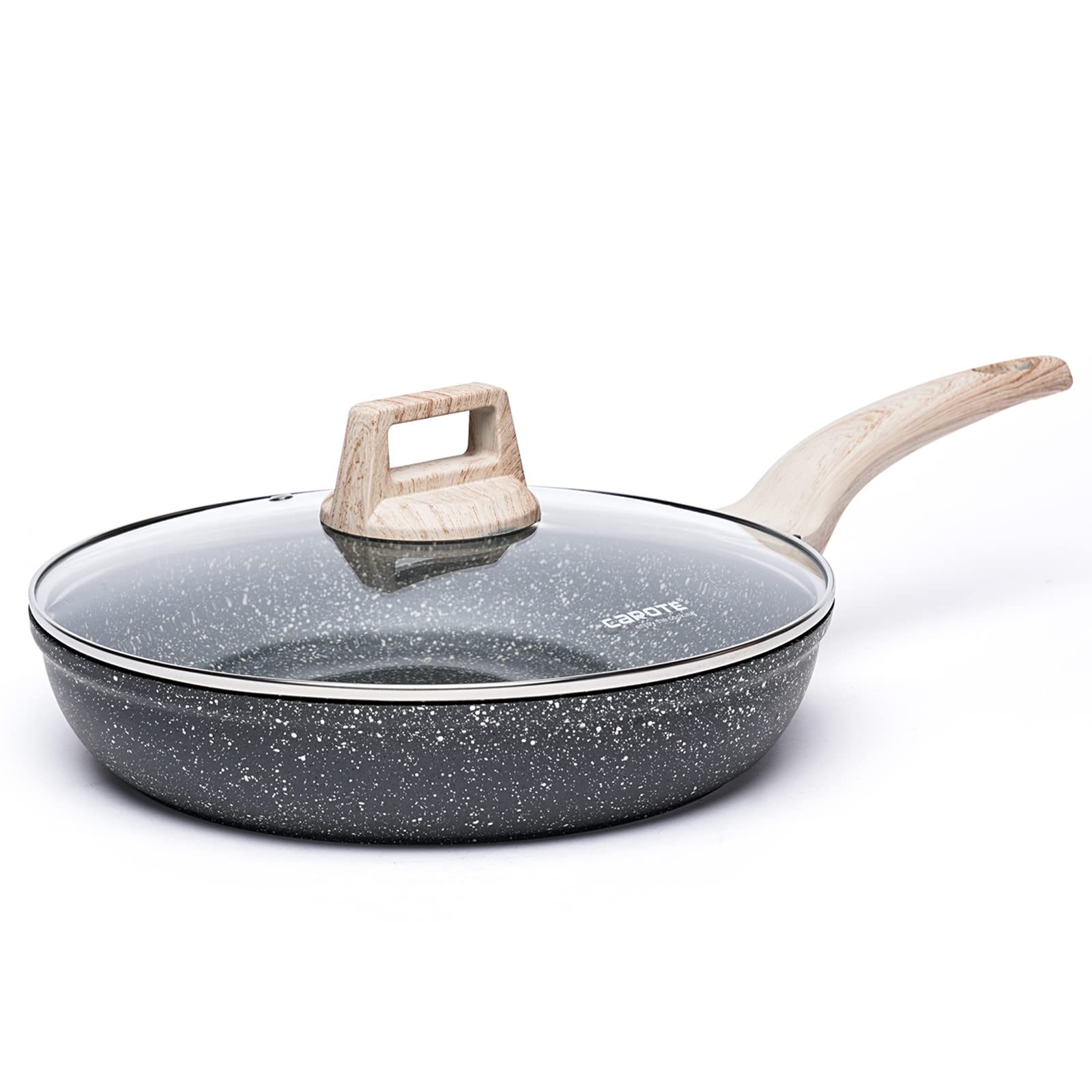 CAROTE Nonstick Frying Pan Skillet,12 Non Stick Granite Fry Pan with Glass Lid, Egg Pan Omelet Pans, Stone Cookware Chefs Pan,