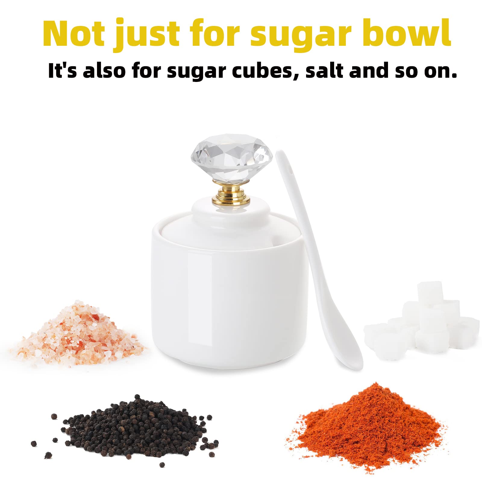 Ontube Porcelain Sugar Bowl With Crystal Lid And Spoon,8Oz White (Crystal Gold)