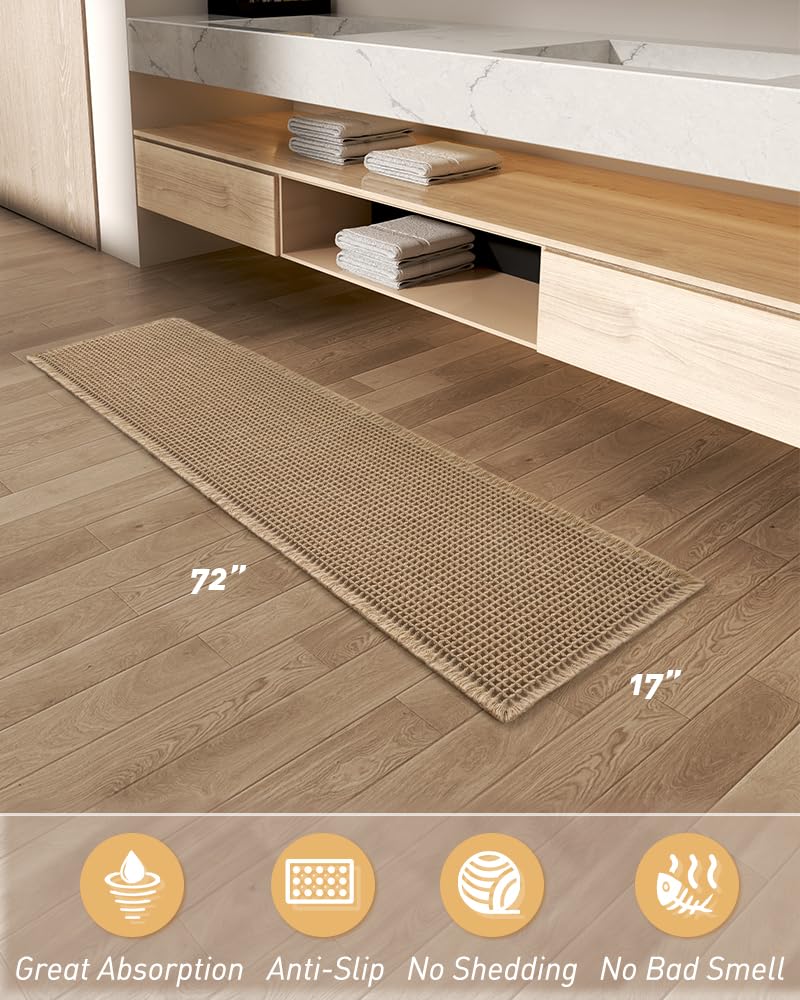 AMOAMI Upgraded Waffle Runner Rug, Super Absorbent Non Slip Bath Mats for Bathroom Floor, Machine Washable Bathroom Boho Runner