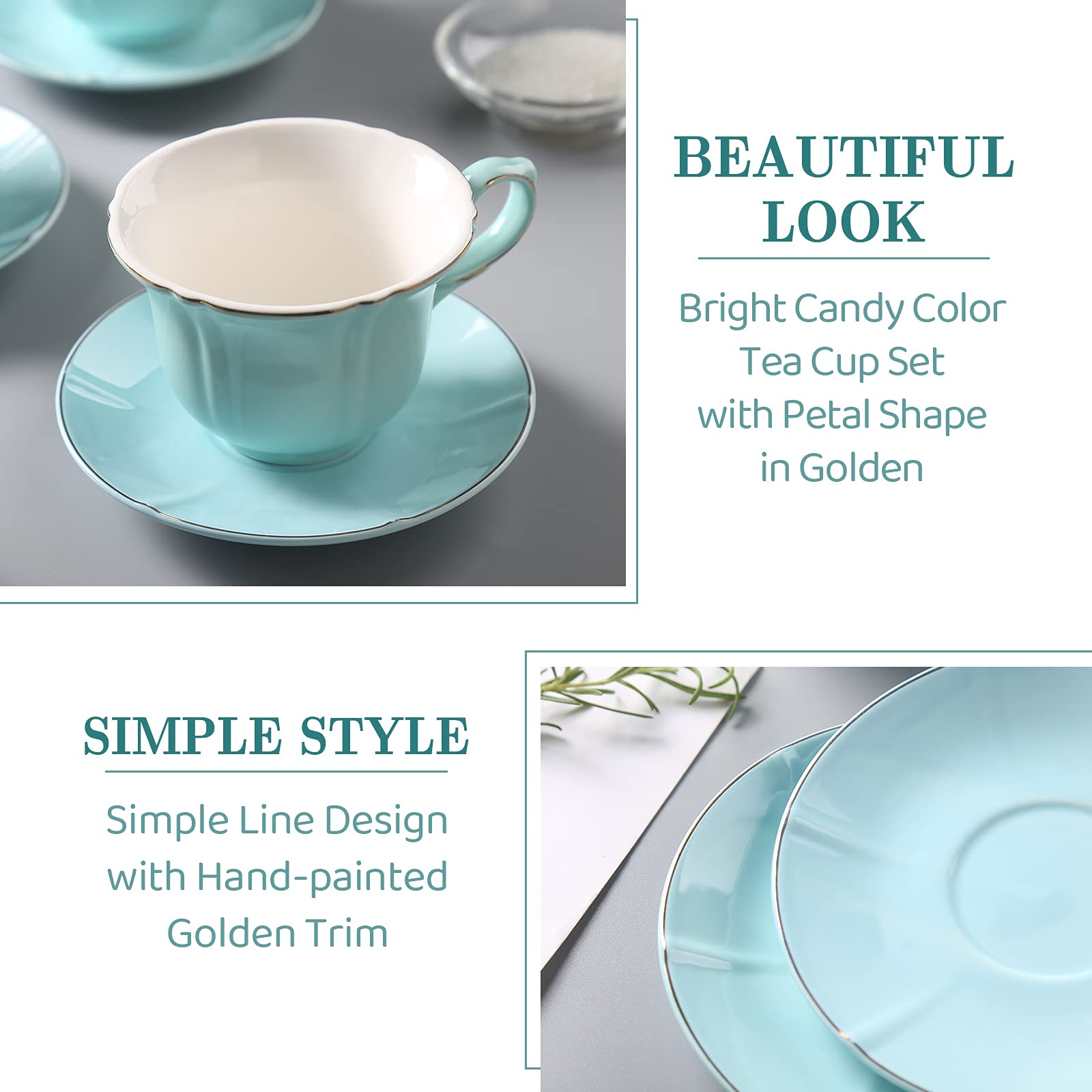Dujust Tea Cups And Saucers Set Of 4 (8 Oz), Nile Blue Tea Cup Set With Golden Trim, Petal Edge Coffee Cups With Metal Stand, Si