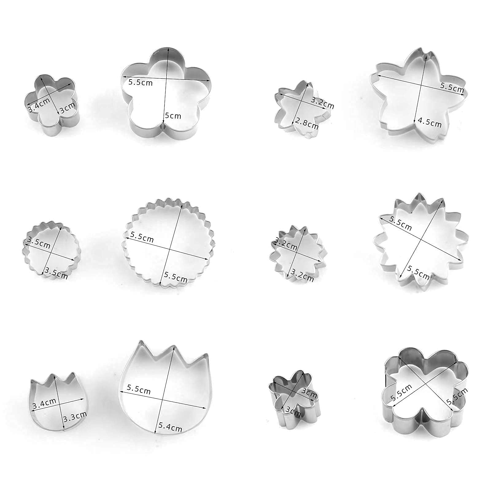Flowers Cookie Cutter Set -12 Pieces - Plum Blossoms, Clover, Tulip, Cherry Blossoms, Sawtooth Circle, Sunflower Biscuit Fondant