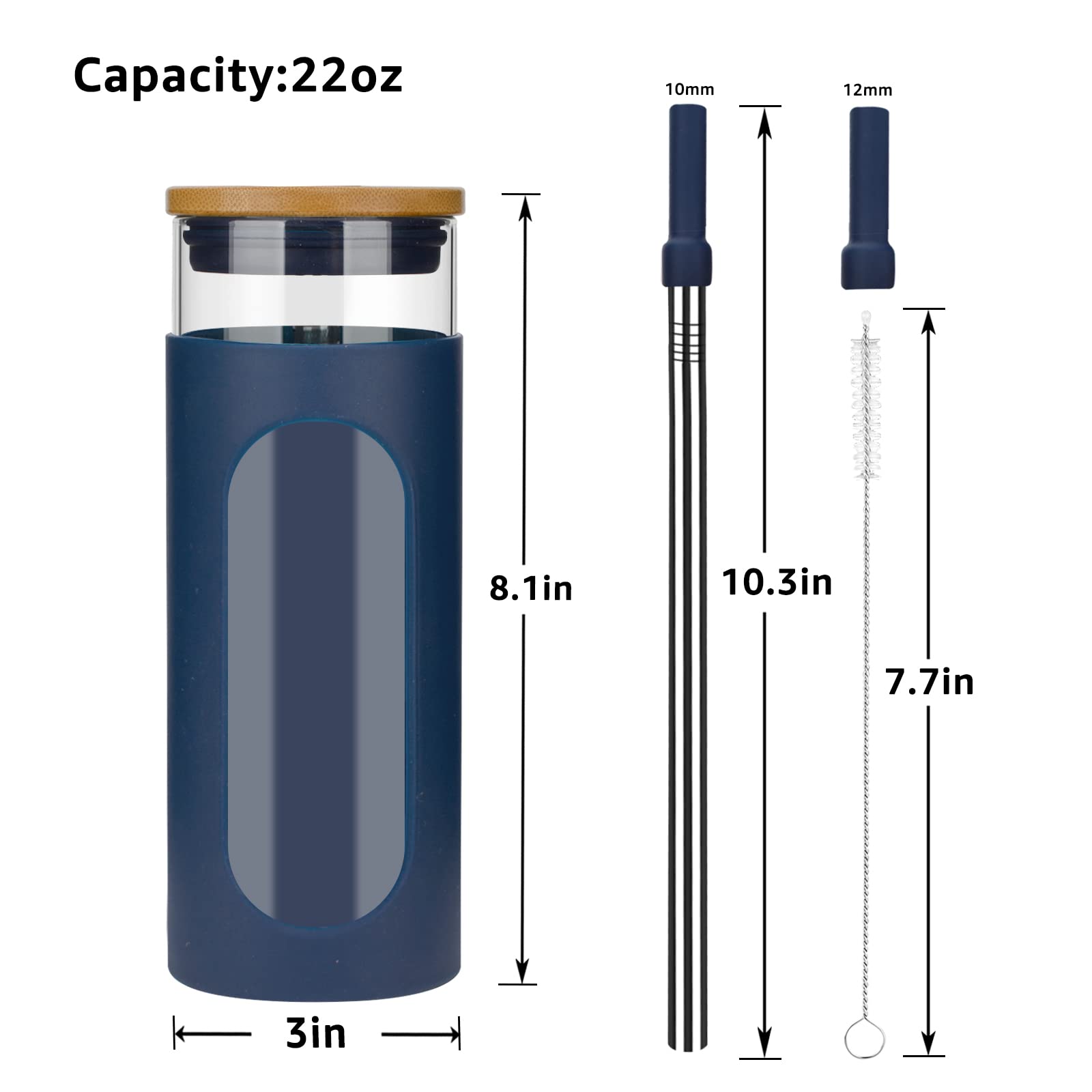 Tronco 22Oz Glass Tumbler With Bamboo Lid And Straw, Glass Cup For Boba,Iced Coffee,Smoothie, Spill Proof Glass Water Bottle Wit
