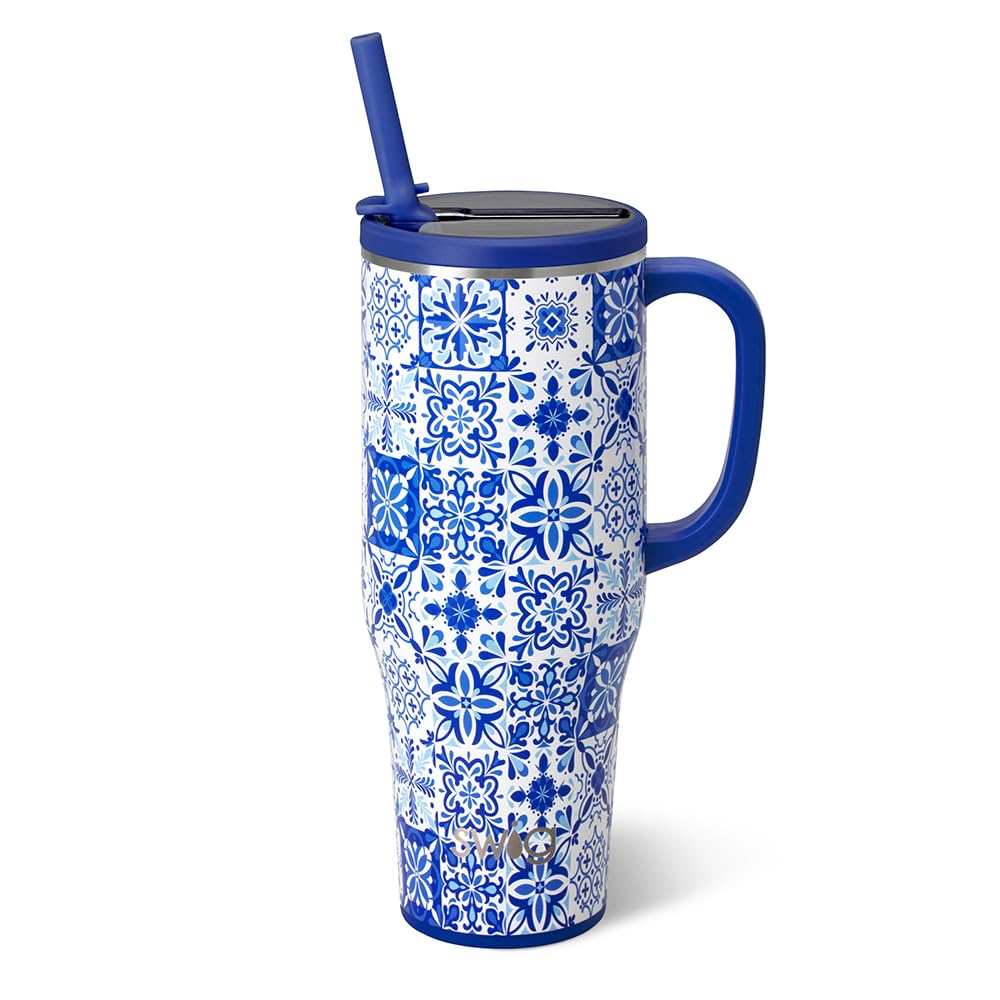 Swig Life 40oz Leakproof Mega Mug with Handle & Straw, Indigo Tiles