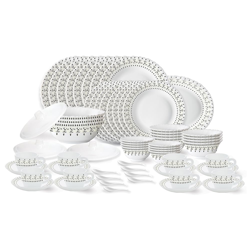 Larah By Borosil Ora Gold Fluted Series Opalware Dinner Set | 63 Pieces For Family Of 8 | Microwave & Dishwasher Safe | BoneAsh