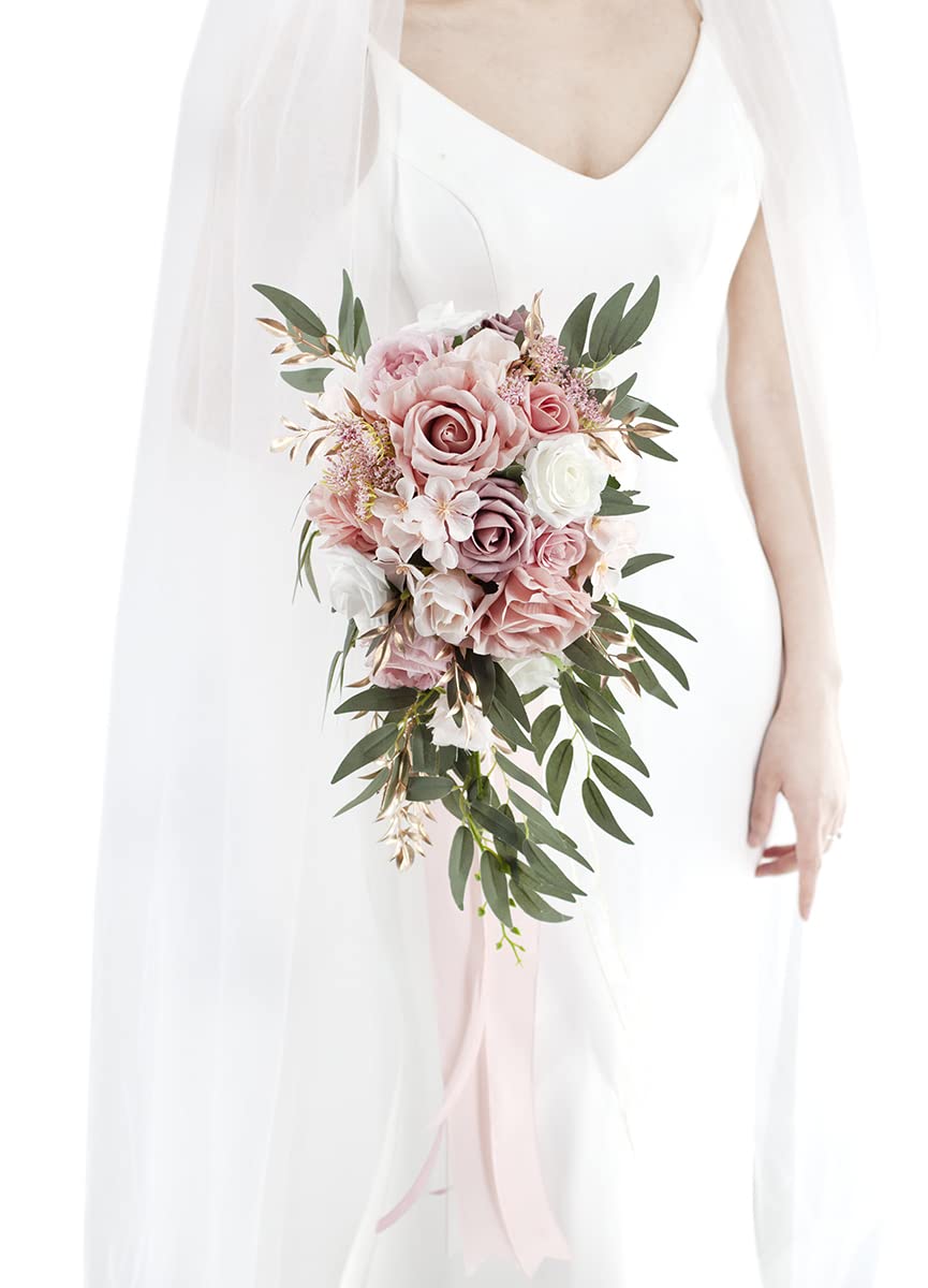 Ansofi 9 Dusty Rose Wedding Bouquets for Bride, Cascading Bridal Bouquet for Bride Artificial Silk Roses Flowers Tossing Bouquet