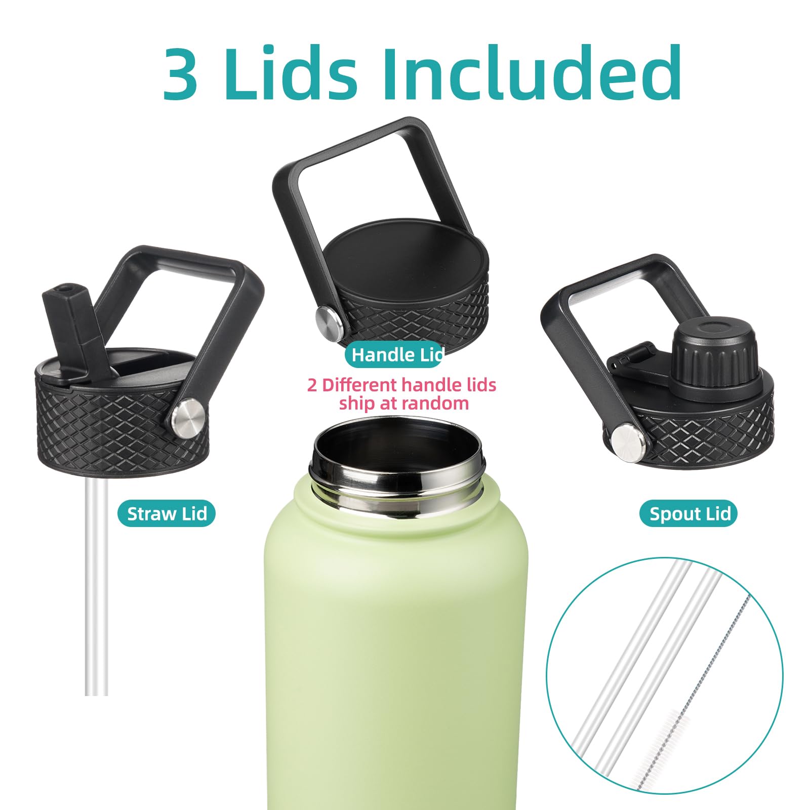 Konokyo Insulated Water Bottle 32Oz Stainless Steel Water Bottles With 3 Lids,Macaron Green