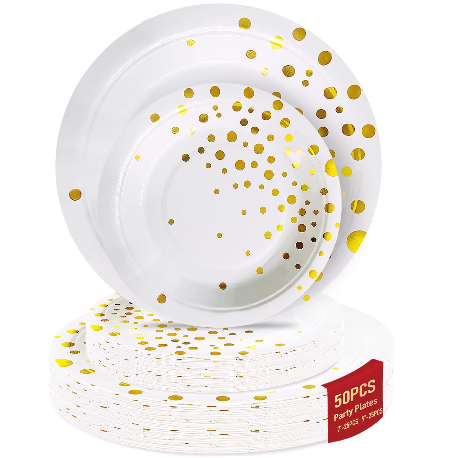 50 White Gold Paper Plates for Party Set Includes 25-9 & 25-7 Thickened Gold Dot Disposable Plates, Birthday Cake Dessert Plates