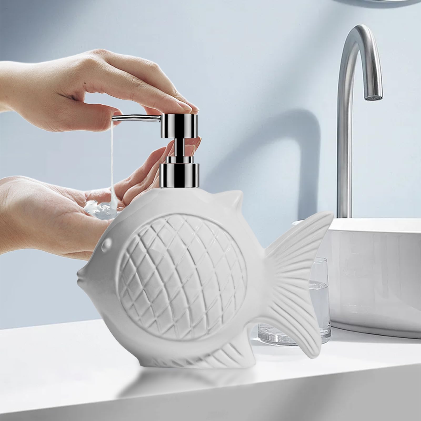 Amaauto White Soap Dispenser Bathroom, Ceramic Fish Shaped Lotion Hand Soap Dispenser With Easy-To-Press Stainless Pump, Large 1