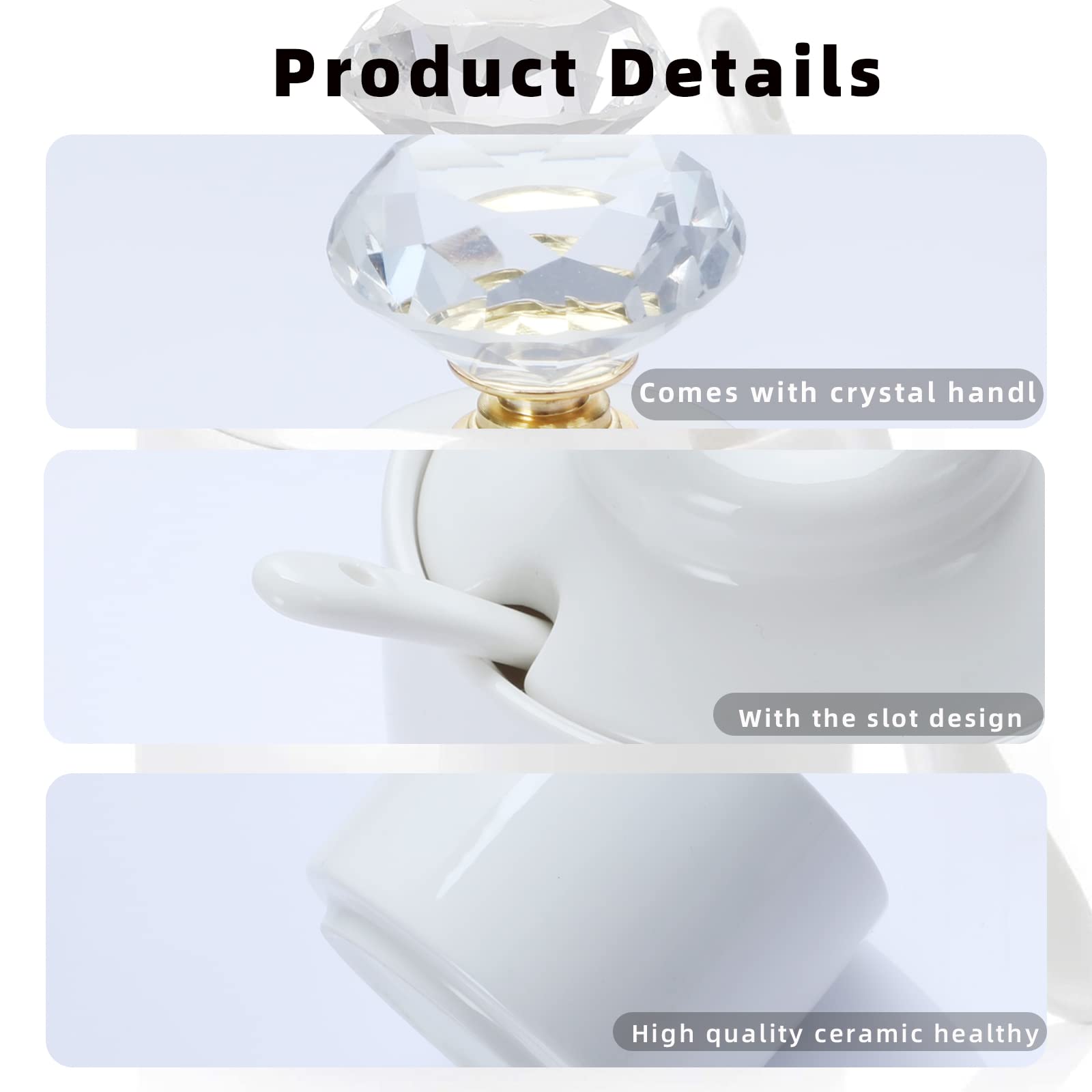 Ontube Porcelain Sugar Bowl With Crystal Lid And Spoon,8Oz White (Crystal Gold)