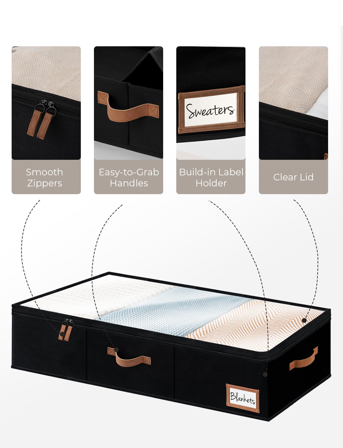 StorageWorks Underbed Storage Bins, Under Bed Storage Containers with Zippers, Closet Organizer for Clothes, Blankets, Black, La