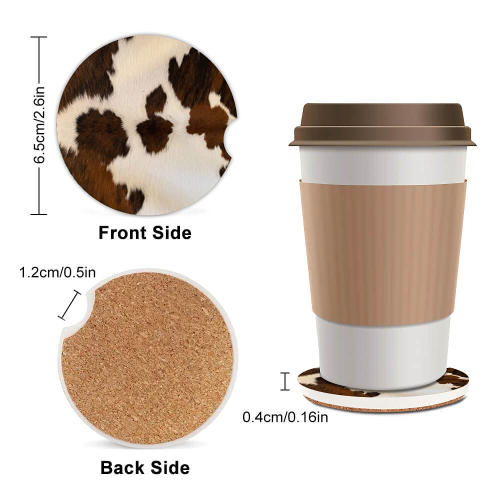 Absorbent Car Coasters 2 Pack For Womenmen,Cow Hide Car Coaster For Drinks,Ceramic Stone Car Cup Holder With A Finger Notch,Farm