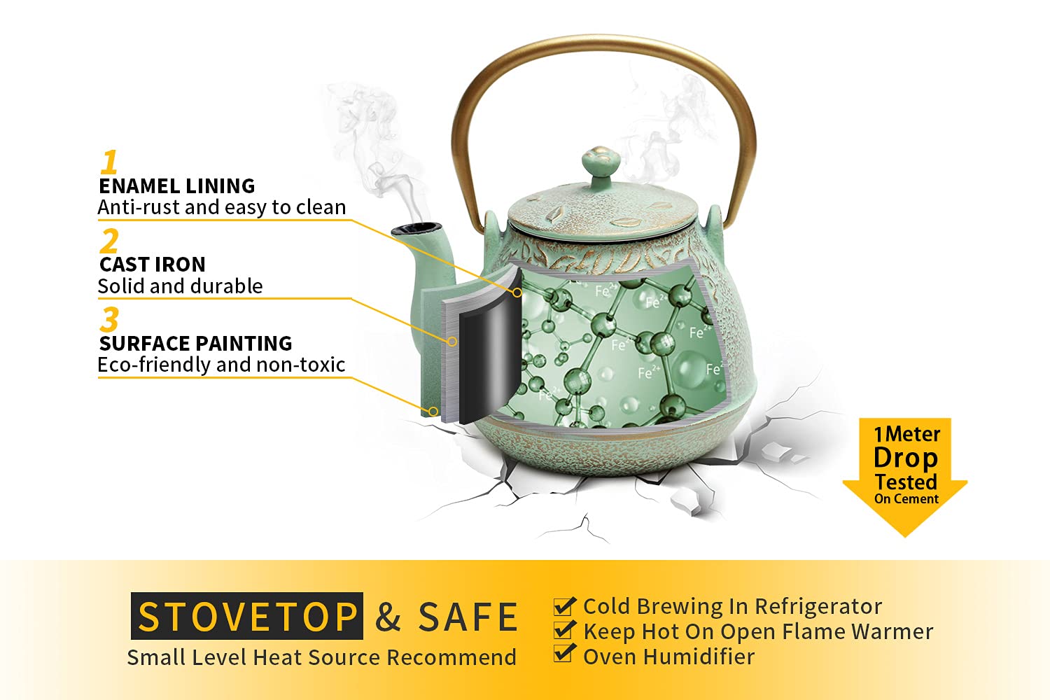 Toptier Tea Kettle For Stove Top, Cast Iron Teapot Stovetop Safe With Infusers For Loose Tea, 22 Oz, Light Green