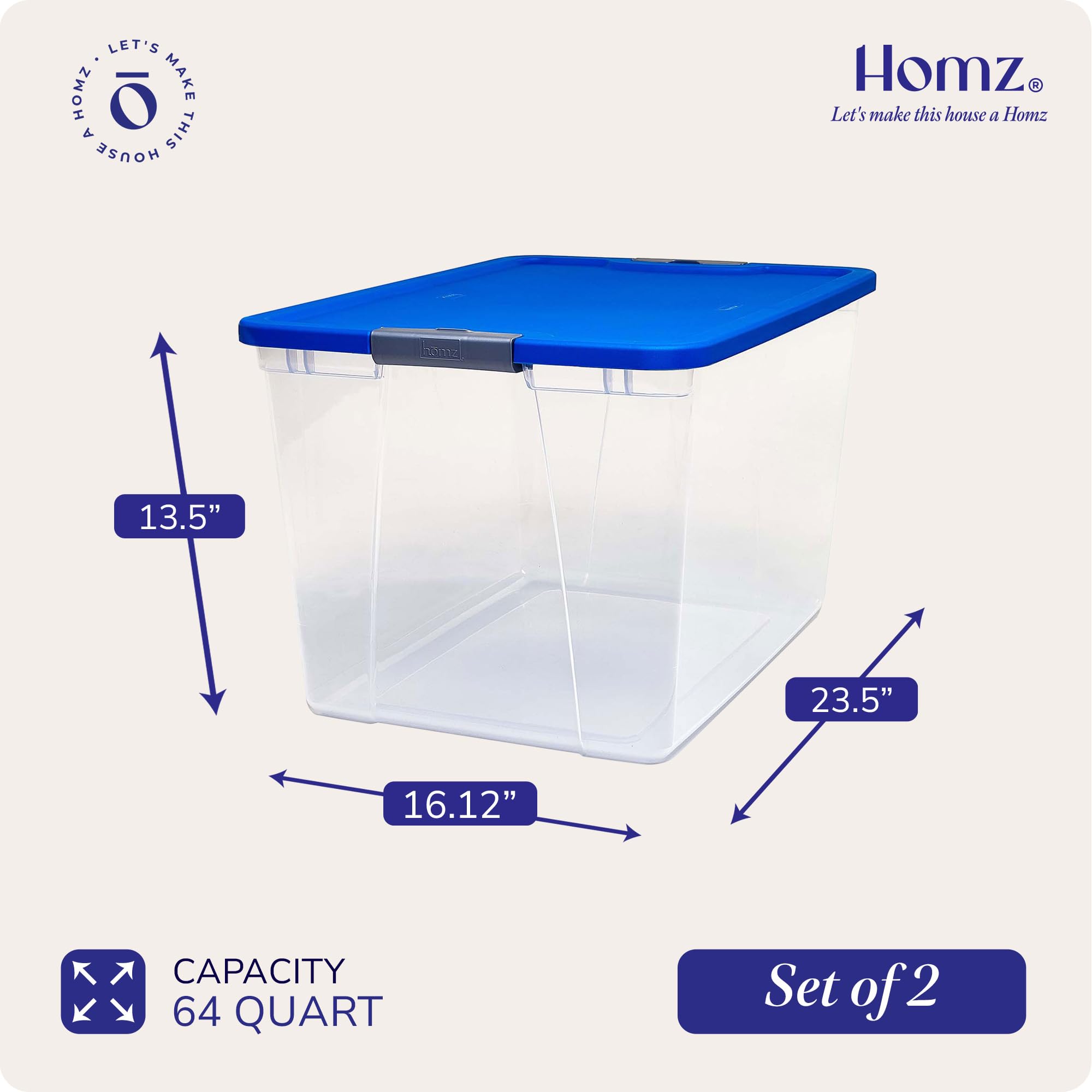 Homz 2-Pack Plastic Storage Bins W/Lids, Stackable Totes, 64 Quart, Clear/Blue