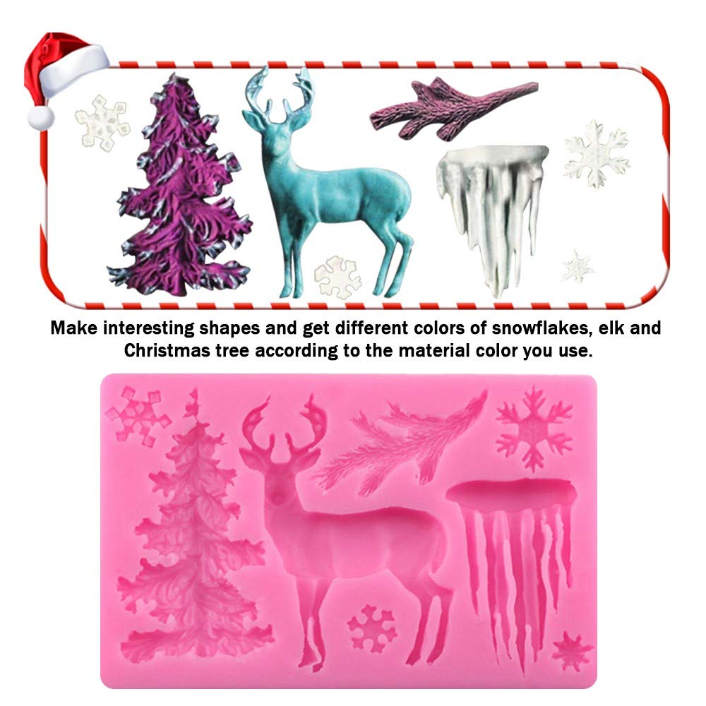 Jafirous 2Pcs Christmas Theme Silicone Mold Elk Snowflake Tree Deer Fondant Dessert Ice Cube Candy Chocolate Mold