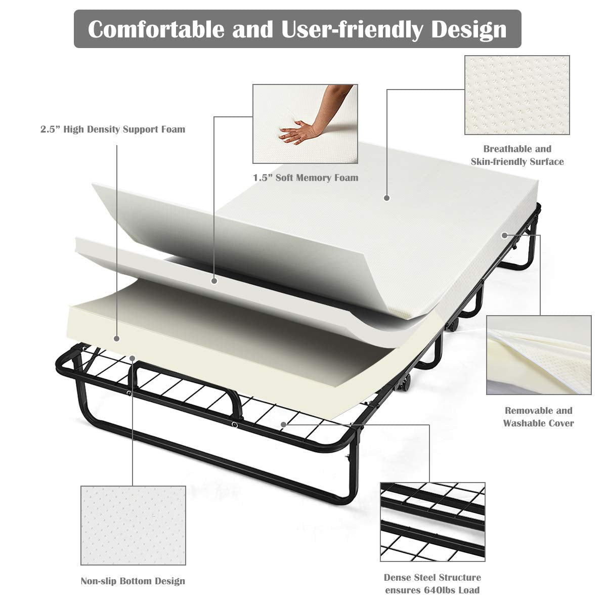 Gorelax Folding Bed With Mattress For Adults, Twin Size Small Portable Bed Set W/Metal Bed Frame & 4    Memory Foam Mattress, Fo