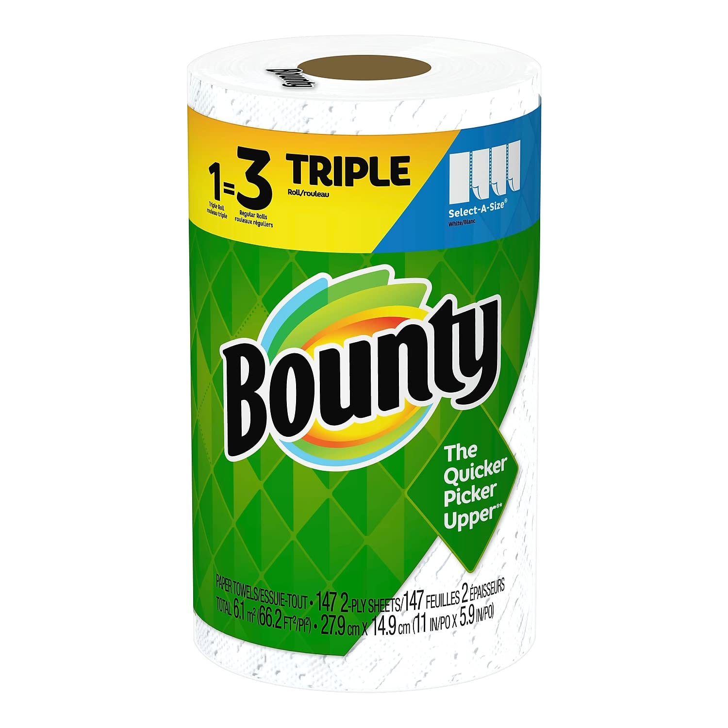 Bounty Select-A-Size Kitchen Rolls Paper Towel, 2-Ply, White, 147 Sheets/Roll, 12 Rolls/Carton (66980)