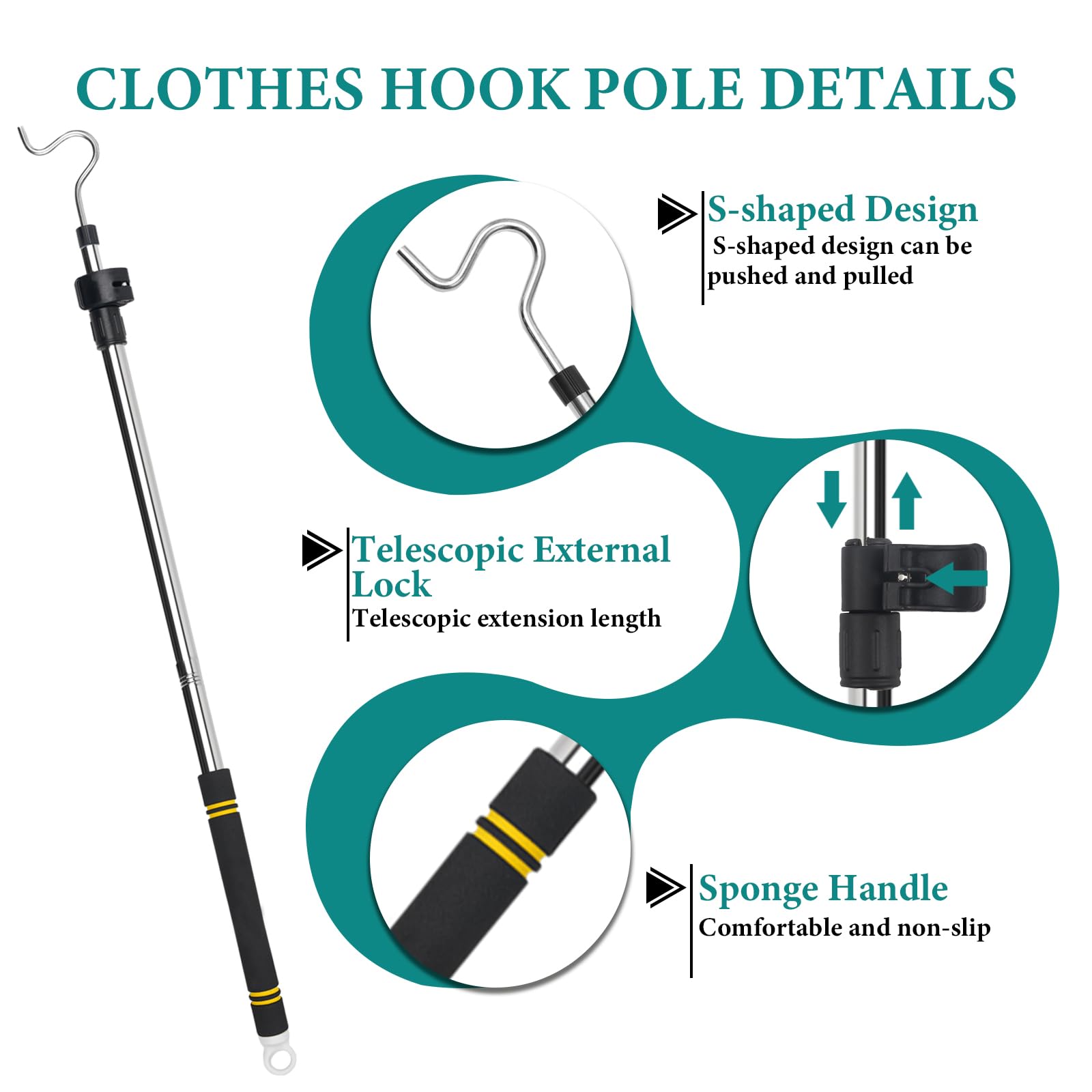 Greeily Clothes Hanger Reaching Hook Telescopic Adjustment Clothes Hook Pole Light And Can Extend From 37'' To 65'' With 4.7 ''H