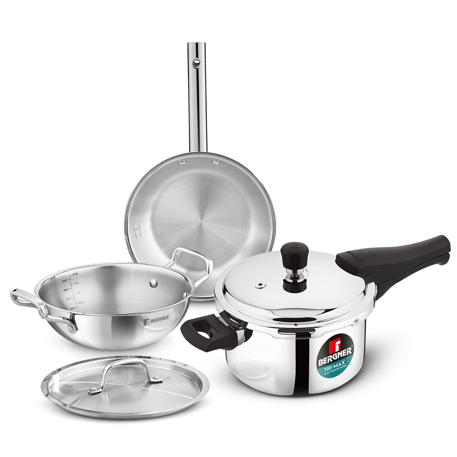 Bergner Tripro 4 Pcs Tri-Ply Stainless Steel Cookware Combo - 24Cm/3L Kadai With Stainless Steel Lid, 22Cm/1L Frypan, 3L Outer L