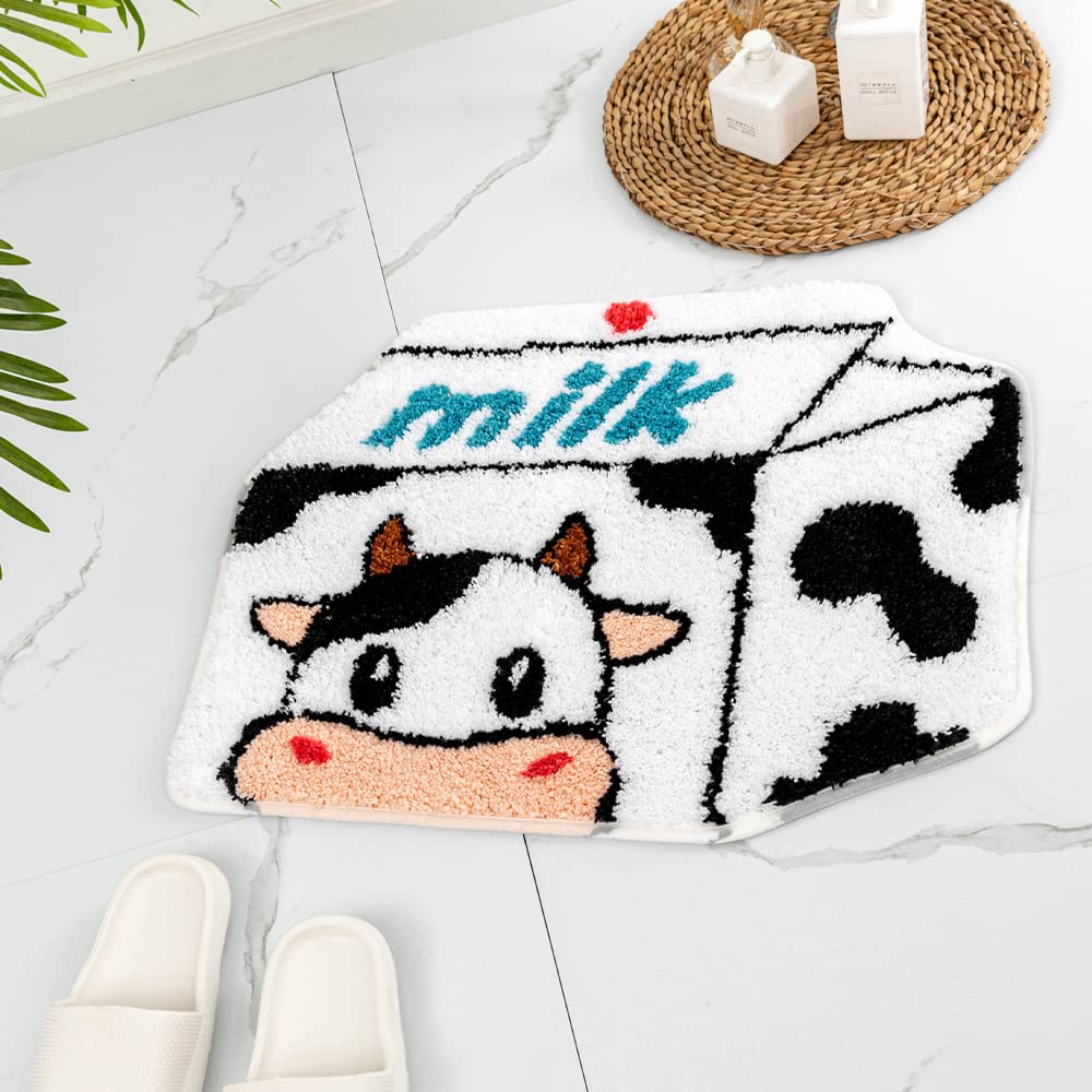 Zscyd-Yingda1992 Milk Cow Bathroom Rugs Milk Box Shaped Animals Non Slip Cute Bath Rug Soft Absorbent Microfiber Bathtub Door Ma