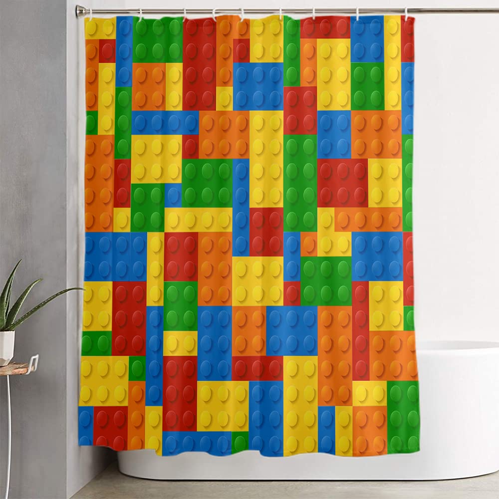Lokmu 4 Pcs Shower Curtain Sets With Non-Slip Rugs,Toilet Lid Cover And Bath Mat,Colorful Blocks Waterproof Shower Curtain With