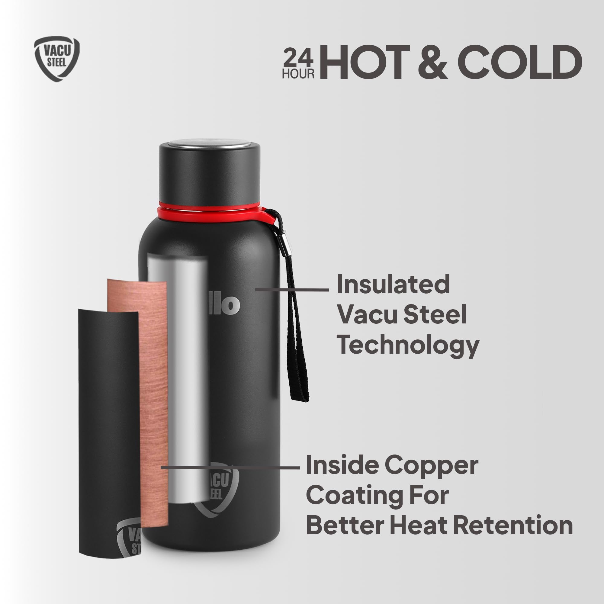 Cello Duro Kent Thermosteel Flask with DTP Coating, 550ml, Black | 24 Hours Hot and Cold Stainless Steel Bottle | Flask for Tea