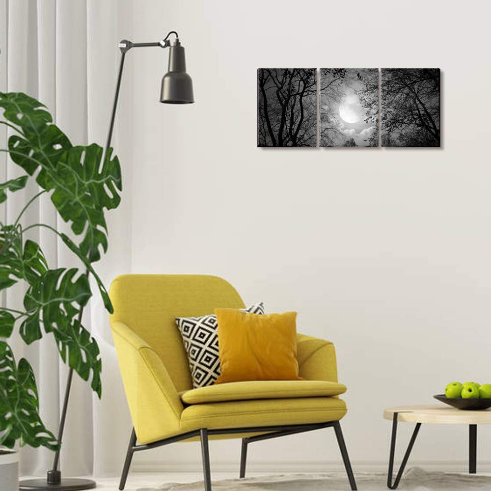 Visual Art Decor Black and White Full Moon Forest Trees Picture Goth Room Decor Canvas Wall Art Framed Artwork Gothic Home Decor Living Room Bedroom Home Office Decoration 3 Piece