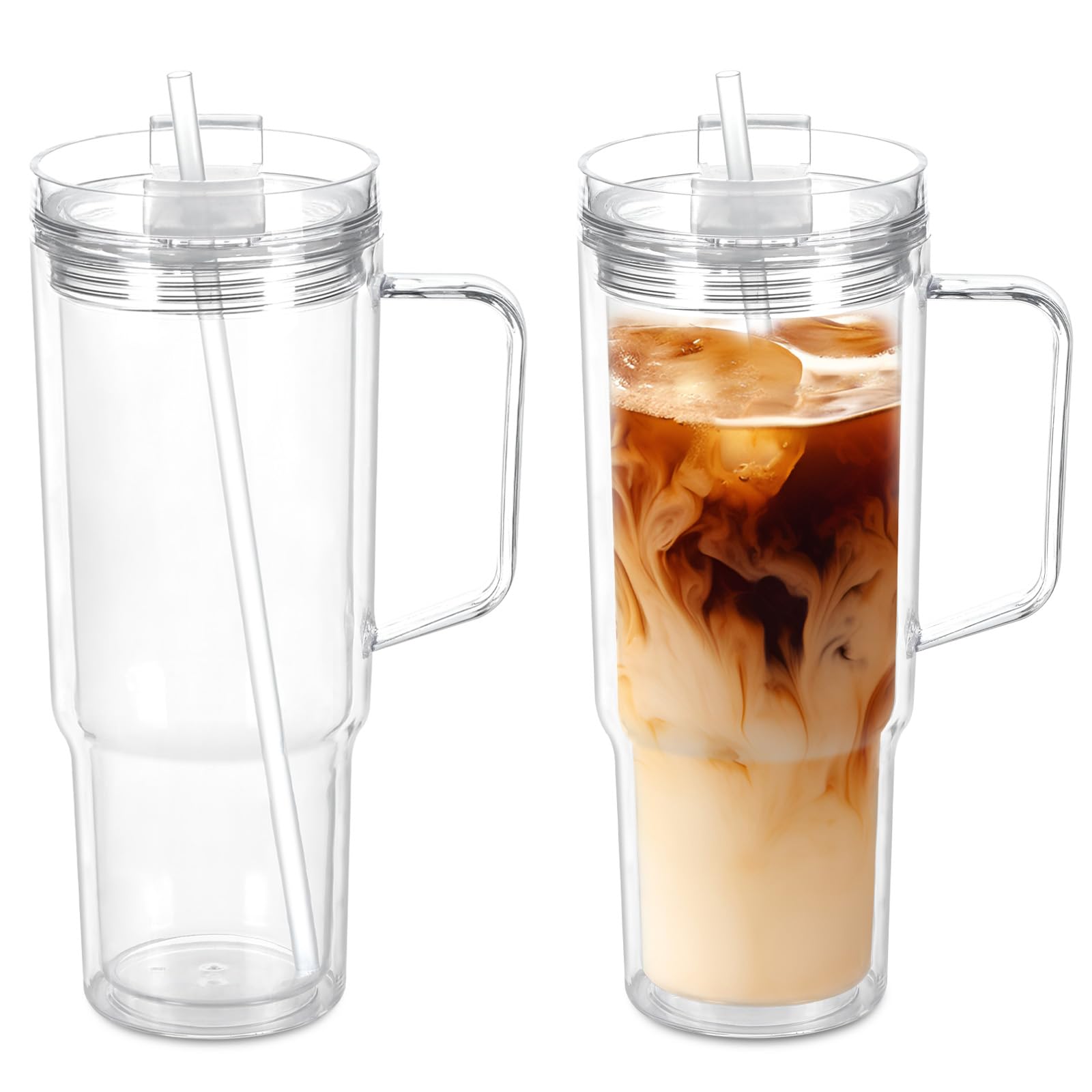 oaptuza 2 Pack 40 Oz Acrylic Tumbler with Handle, Double Wall Reusable Plastic Coffee Cups with Lids and Straws, BPA Free Clear 