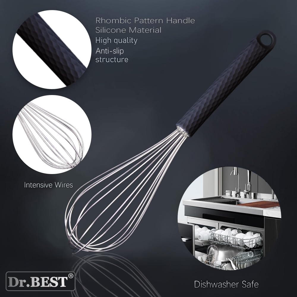 Dr.Best Stainless Steel Whisk Egg Beater Anti-Slip Silicone Handle Comfortable Grip(11 Inch/Black)