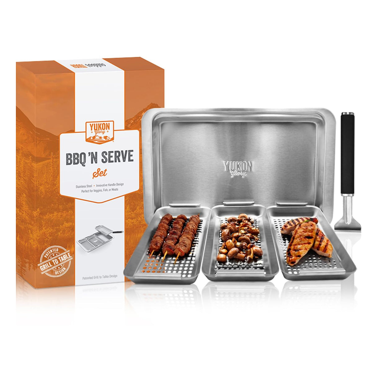 Yukon Glory Bbq 'N Serve Grill Basket Set - Includes 3 Grilling Baskets A Serving Tray & Clip-On Handle - ''Patented Grill-To-Ta