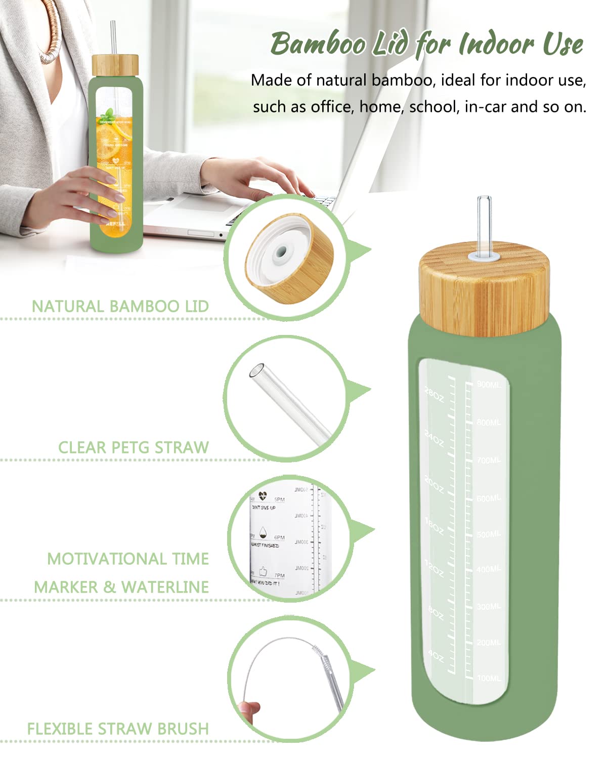 Nefeeko 32 Oz Glass Water Bottles With Straw, Time Marker, Motivational 1 Liter Bpa Free Leakproof Reusable Glass Water Bottle W