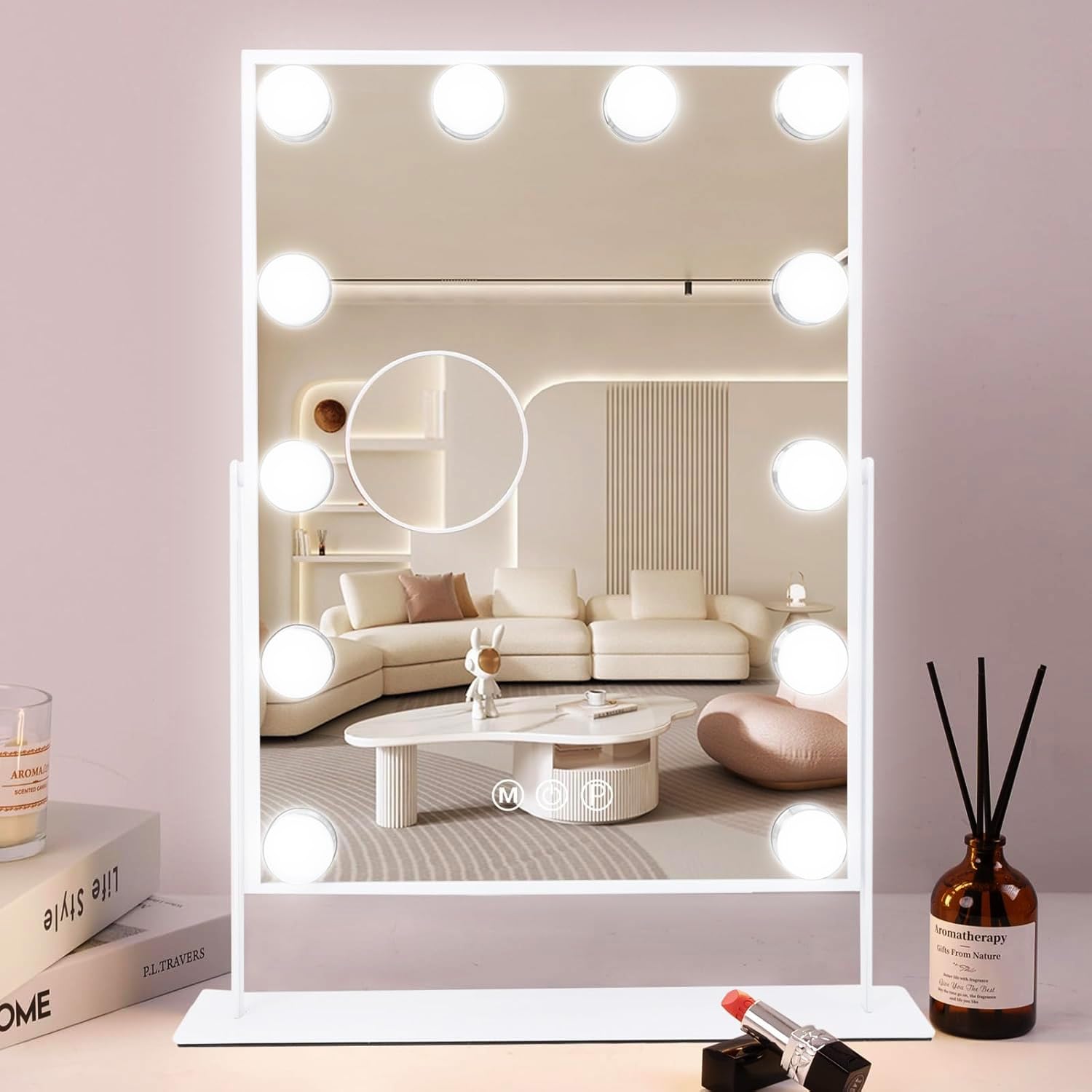 Cooljeen Hollywood Vanity Mirror With Lights, 10X Magnification, 3 Color Lighting Modes, 360 Swivel, Slim & Chic, Tabletop Mount