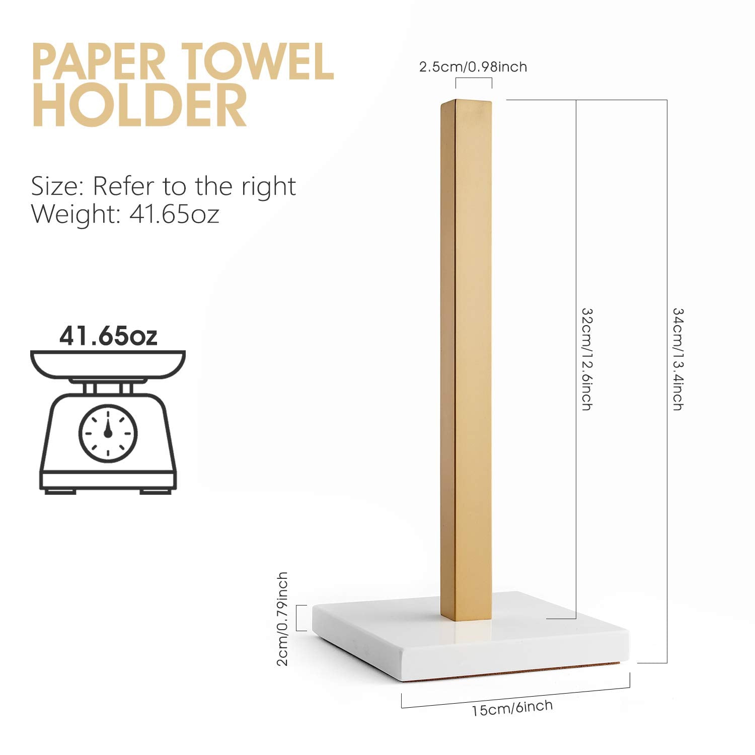 Lutavoy Paper Towel Holders Kitchen Standing Paper Towel Roll Holders With Marble Base Copper Plated(Kz20 Gold&White)