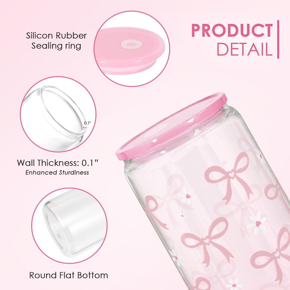 Bow Glass Can, Bows Cup with Lid & Straw, Iced Coffee Aesthetic Cups, Idea Gift for Christmas Birthday Mother Day, Gifts for Wom