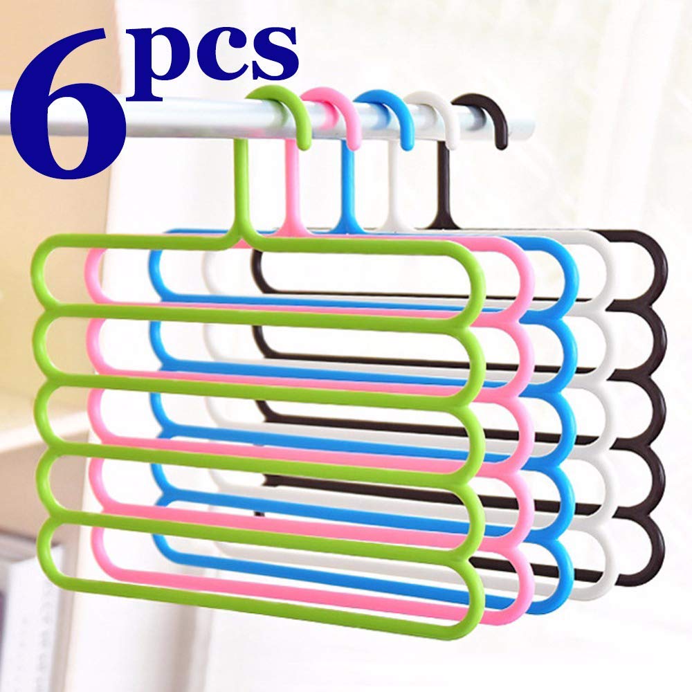 Inditradition 5 Layer Pant Cloth Hanger, Wardrobe Hanger | Space Saving Multi-Layer Design, Assorted Colour, Plastic (Pack Of 6)