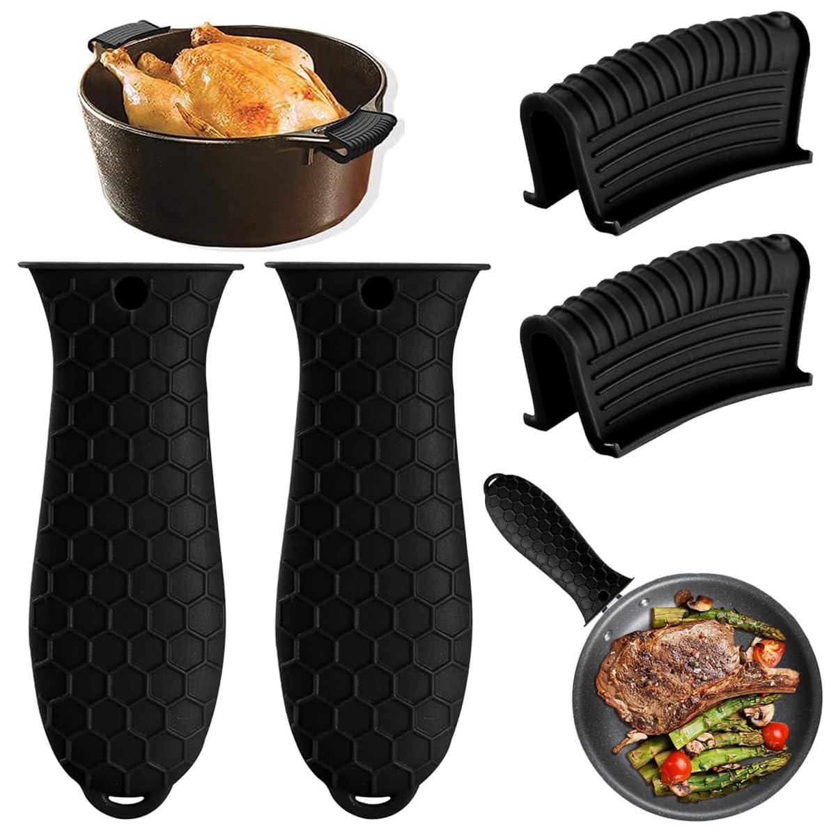 Supvox Cast Iron Fry Pan Silicone Handle Covers - 4 Pack Skillet Cover Pot Holder Sleeve, Non-Slip Heat Resistant Removable Poth