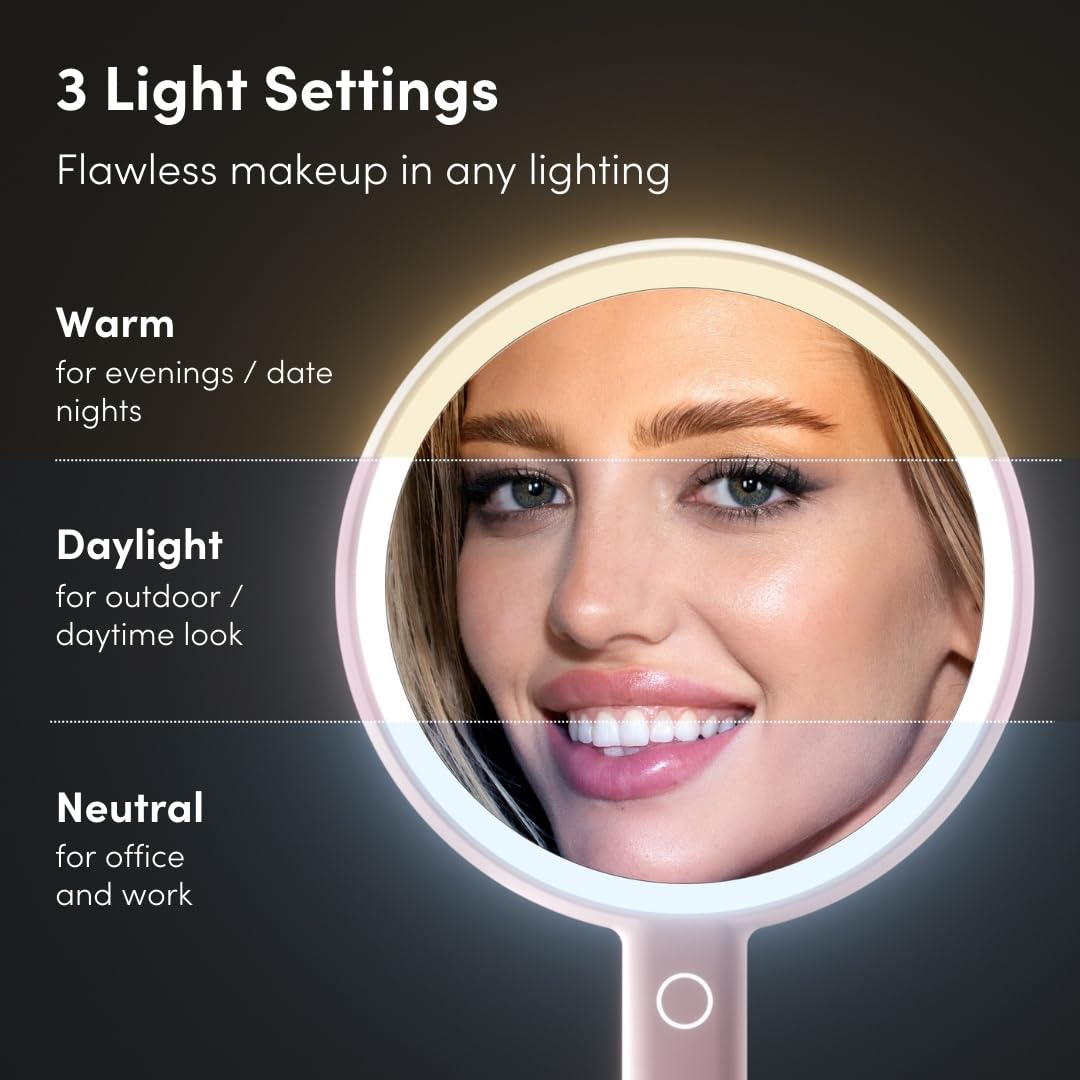 Fancii Cami Handheld Travel Makeup Mirror With Lights, Rechargeable, Extra Large, Double Sided 5X / 1X Magnifying Mirror - 3 Col