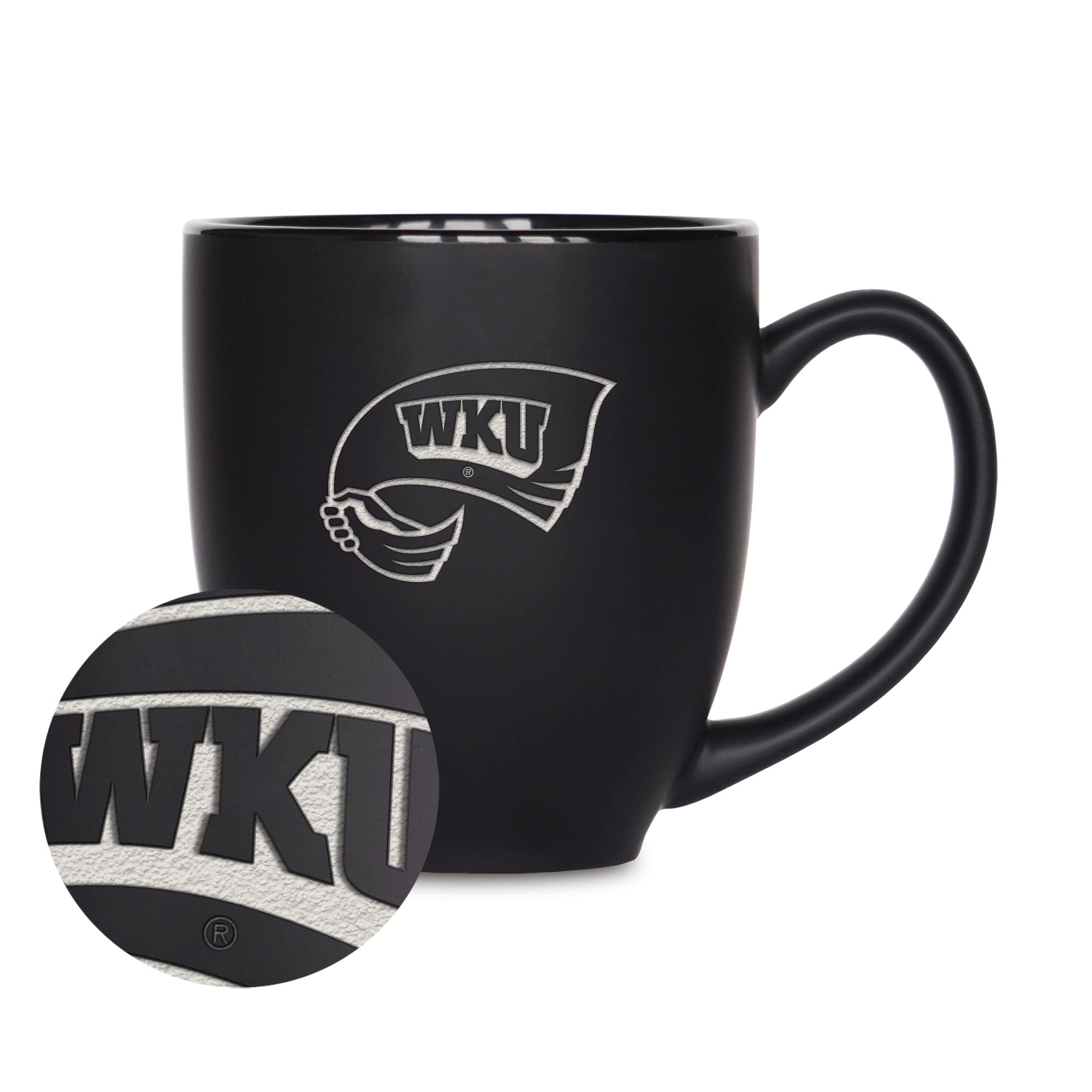 Rico Industries NCAA Western Kentucky Hilltoppers Main 15oz Laser Engraved Matte Black Ceramic Bistro Mug - For Hot or Cold Drin